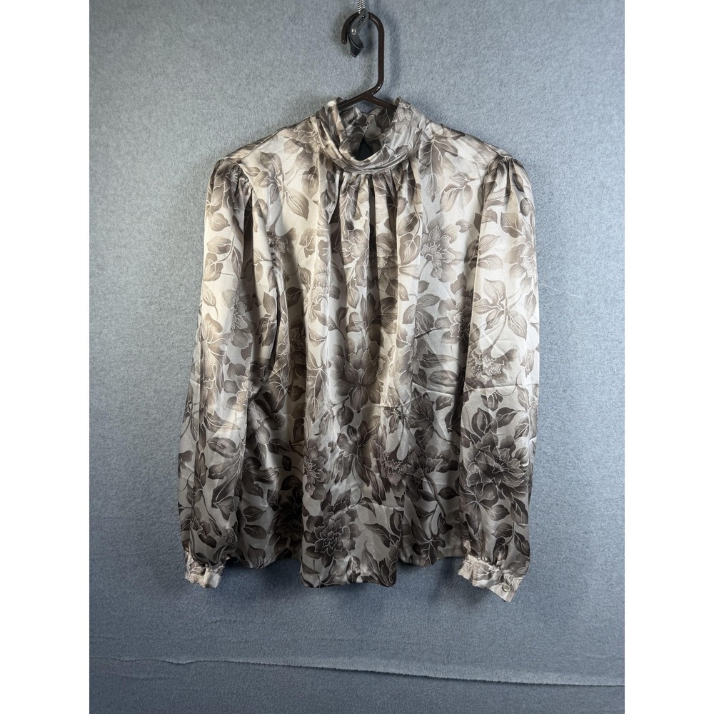 Vintage Gailord Blouse Womens 10 Beige Floral Mock Neck Satin Top Long Sleeve